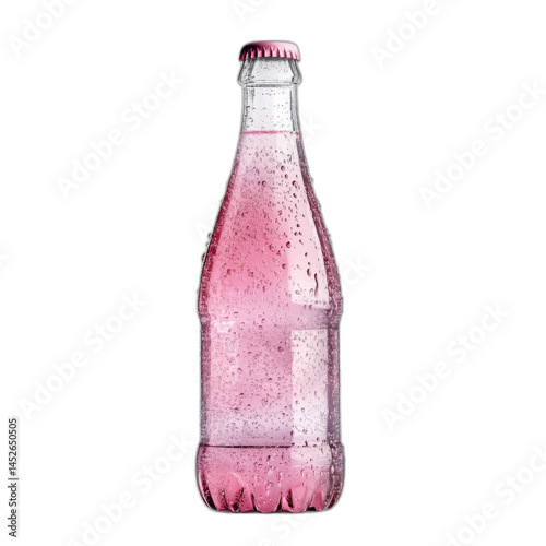 Pink soda bottle with white cap and label isolated on transparent background.