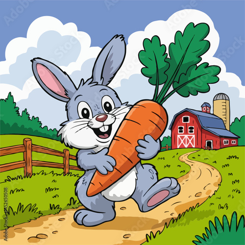 Happy Little Bunny Carrying a Giant Carrot Home to the Farm
