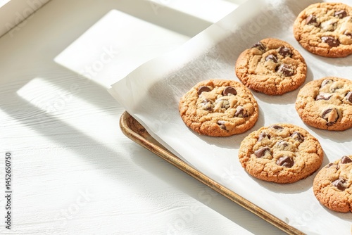 Freshly baked chocolate chip cookies on a tray with natural light.
