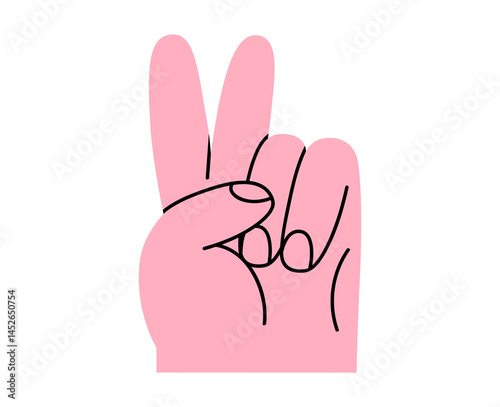 Hand drawn cute cartoon illustration of victory human hands gesture. Flat vector V arm sign doodle. Win or peace sticker. Success congratulation icon. Greeting interaction. Isolated.