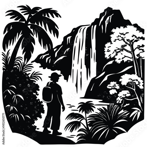 Silhouette Explorer Admiring Waterfall in Lush Jungle Landscape, Black and White Art
