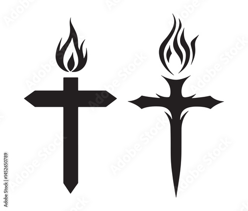 Pentecostal cross icon with fire. Minimalist pentecostal cross silhouette. 
