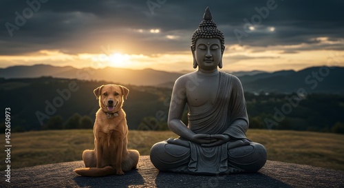 Dog sitting next to buddha statue at scenic sunset view