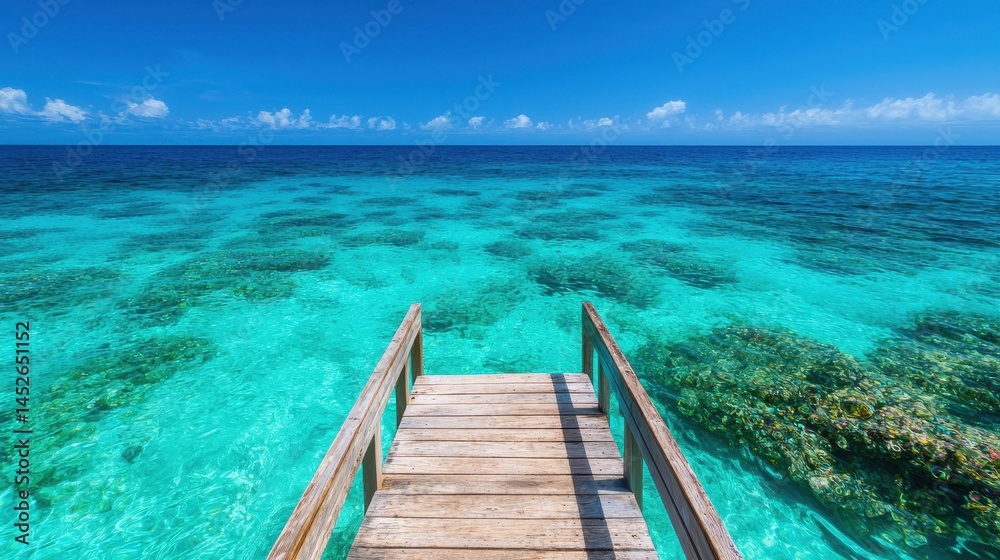Fototapeta premium Serene Wooden Pier Over Clear Turquoise Water Under Blue Sky