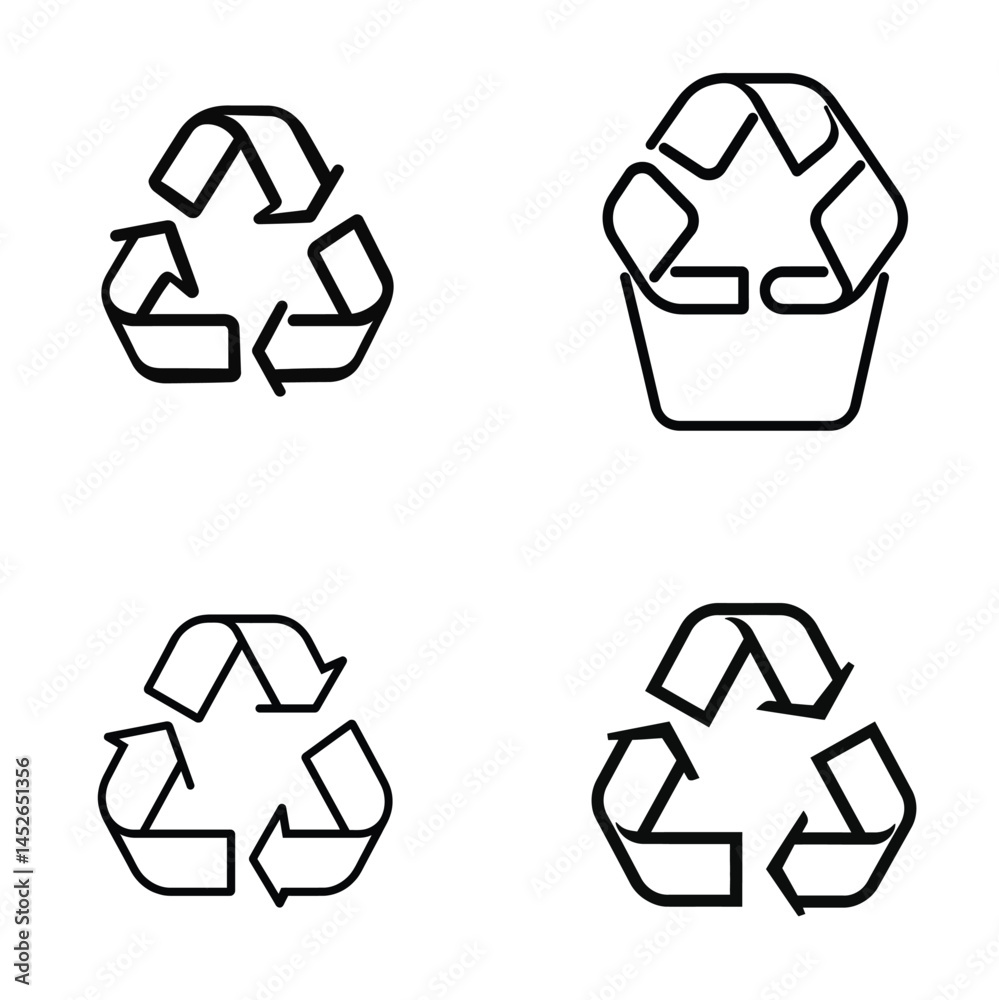 Obraz premium Four Distinct Recycle Symbol Vectors with Transparent Background & Arrow Recycling Mark