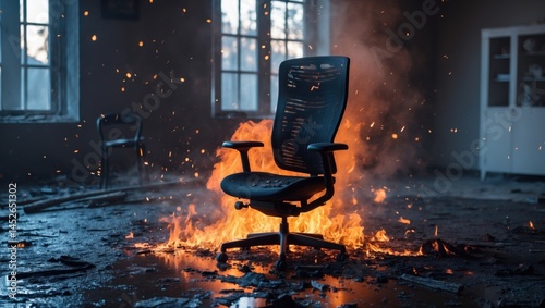 An office chair engulfed in flames in a dimly lit, abandoned room with scattered debris and smoke rising photo