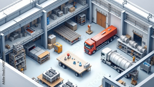 Isometric Warehouse Interior with Trucks, Shelves, and Equipment for Logistics and Storage