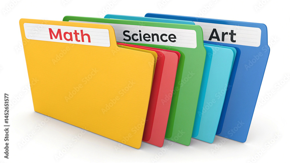 Colorful folders labeled math science and art arranged in a row on a white background in a studio shot Colorful folders labeled math science and art arranged in a row on a white background in a studio shot