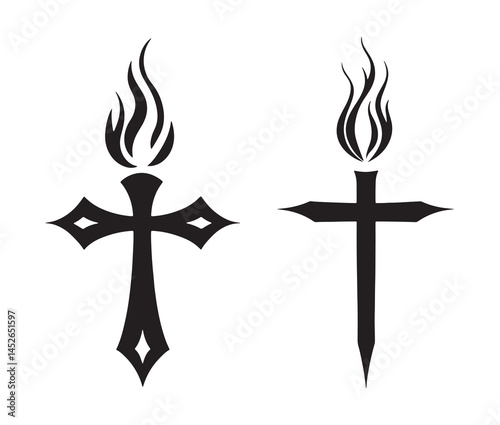Pentecostal cross icon with fire. Minimalist pentecostal cross silhouette. 