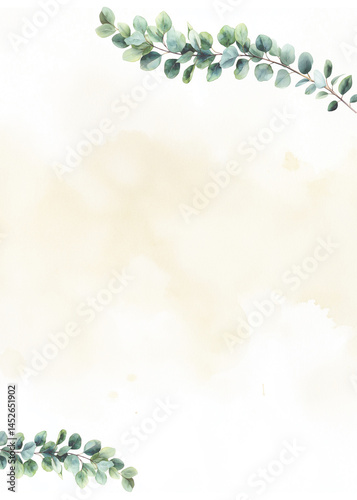 Green Eucalyptus Sprig Leaves against a subtle Yellow Watercolor Wash Background, Wedding Party Invitation Event Art