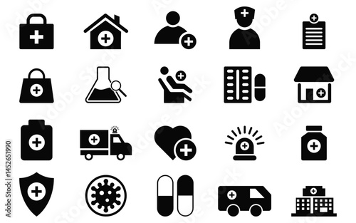 Medical and Healthcare Icons Set – Flat and Line Style Symbols for Medicine, Hospital, Pharmacy, and Scientific Discovery.