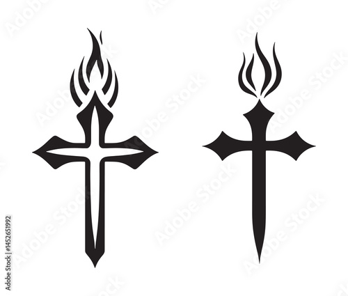 Pentecostal cross icon with fire. Minimalist pentecostal cross silhouette. 