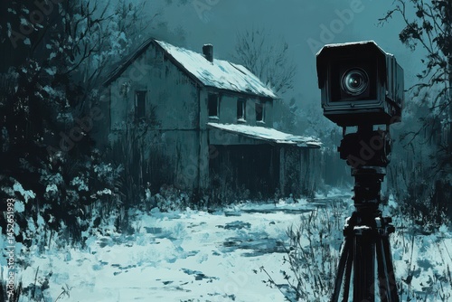 Abandoned House with a Vintage Camera in a Snowy Landscape