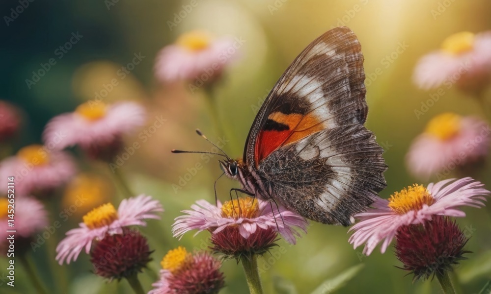 Obraz premium Colorful butterfly perched on vibrant pink flowers, showcasing intricate wing patterns and natural beauty in a serene garden setting, embodying the essence of springtime and nature's wonders