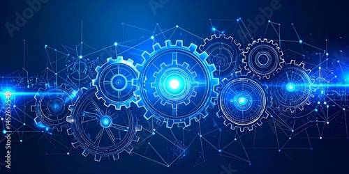Gears engineering mechanics industrial concept. Futuristic gears with glowing elements on a digital background.