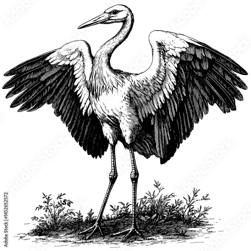 Vintage woodcut engraving of Standing Stork with Wings Spreaded, black sketch, hand drawn wildlife, retro bird vector, classic line art, traditional ink style, heritage bird drawing,