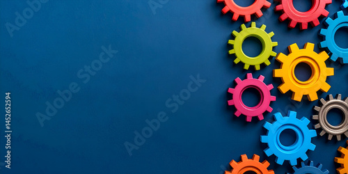 Gears engineering mechanics industrial concept. Colorful gears arranged on a blue background, symbolizing teamwork and innovation.