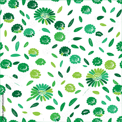 Botanical pattern with shades of green florals and leaves for textile design