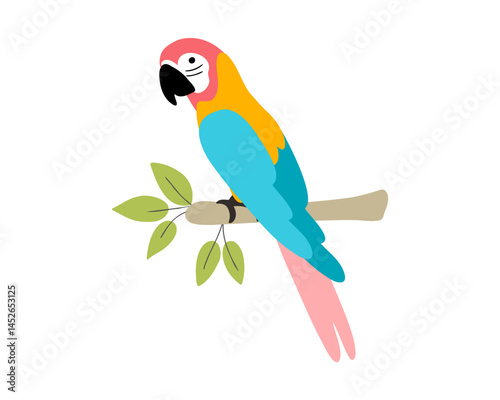 Parrot in tropical plants on a white background. Tropical birds in flat style. Summer print with parrot and tropical flowers.