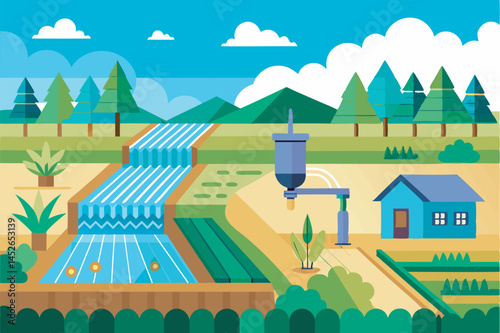 A detailed vector art illustration showcasing an advanced irrigation system, featuring pipes, sprinklers, and water distribution elements for agricultural landscapes.
