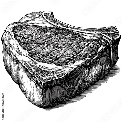 Woodcut steak vector, vintage meat engraving, black sketch style, retro culinary art, butcher chart design, hand-drawn beef cuts, steakhouse decor, food engraving illustration,