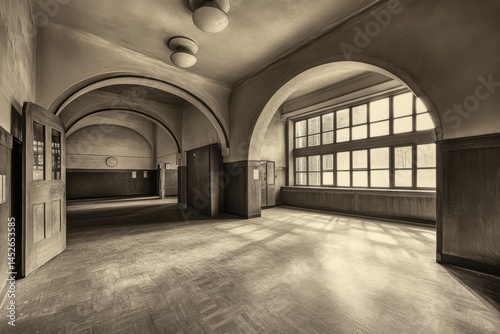 Arched hallway with open doors on white background on transparent background