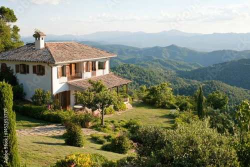 Wallpaper Mural Estate in the mountains features a tiled roof home nestled in hills with distant peaks Torontodigital.ca