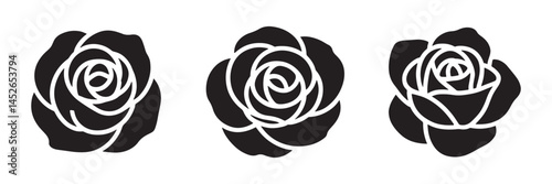 Set of black silhouettes of rose flowers vector, isolated on a white background.