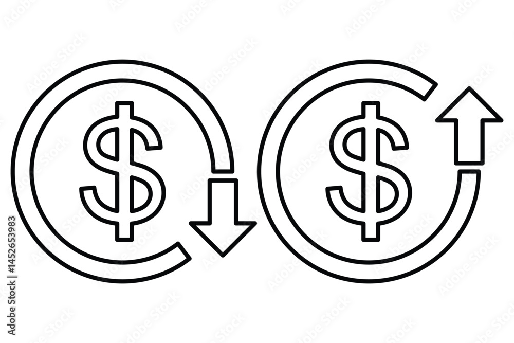 Money increase or decrease icon set. dollar decrease increase symbol. Dollar coin graph up and down. Money cost arrow growth, decline. dollar cost reduction icon. Money increase or decrease icon set. dollar decrease increase symbol. Dollar coin graph up and down. Money cost arrow growth, decline. dollar cost reduction icon.