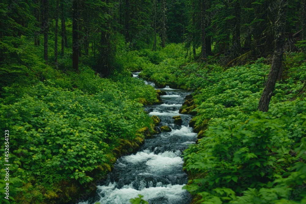 Fototapeta premium Lush forest stream flowing through vibrant green foliage on a gentle slope, serene nature