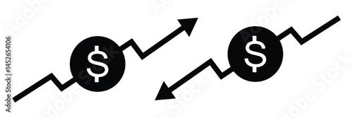 Money increase or decrease icon set. dollar decrease increase symbol. Dollar coin graph up and down. Money cost arrow growth, decline. dollar cost reduction icon.