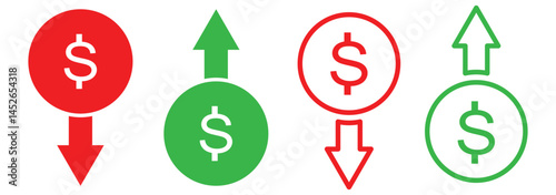 Dollar price up and down vector icon in outline style. Dollar coin graph up and down symbol. Money cost arrow growth, decline. Up and down dollar outline icon. cost reduction icon.