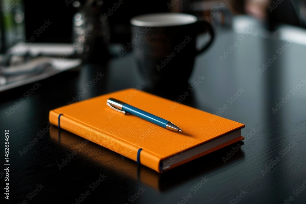 custom made wallpaper toronto digitalOrange notepad with a blue pen is on a table with a black mug nearby