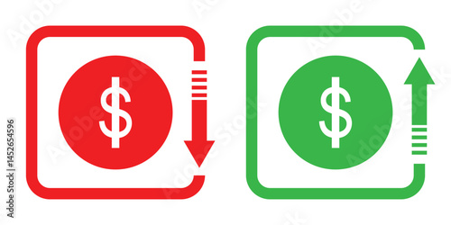 Dollar price up and down icon line style. Dollar coin graph up and down. Money cost arrow growth, decline. Dollar increase and decrease vector icons.
