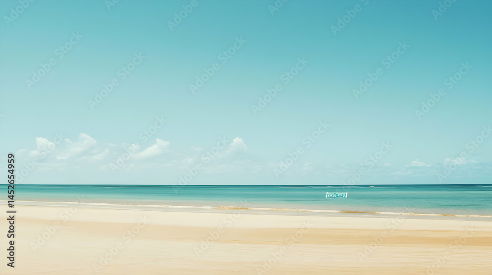 Fototapeta premium Sandy beach meets turquoise ocean under a clear blue sky.
