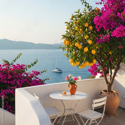 Charming Coastal Terrace: Orange Tree Overlooking Azure Sea