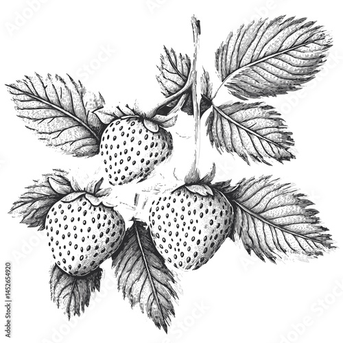 Vintage woodcut style illustration of strawberry on branch with leaves, black sketch on dark background, botanical drawing, rustic fruit art, engraving vector, retro fruit print,