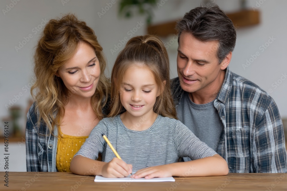 Family with Child Writing on Paper at Table Family with Child Writing on Paper at Table