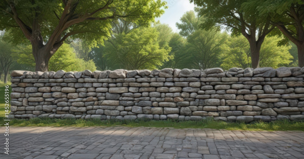 Obraz premium Stone wall poster mockup, park setting, trees, summer, shadow
