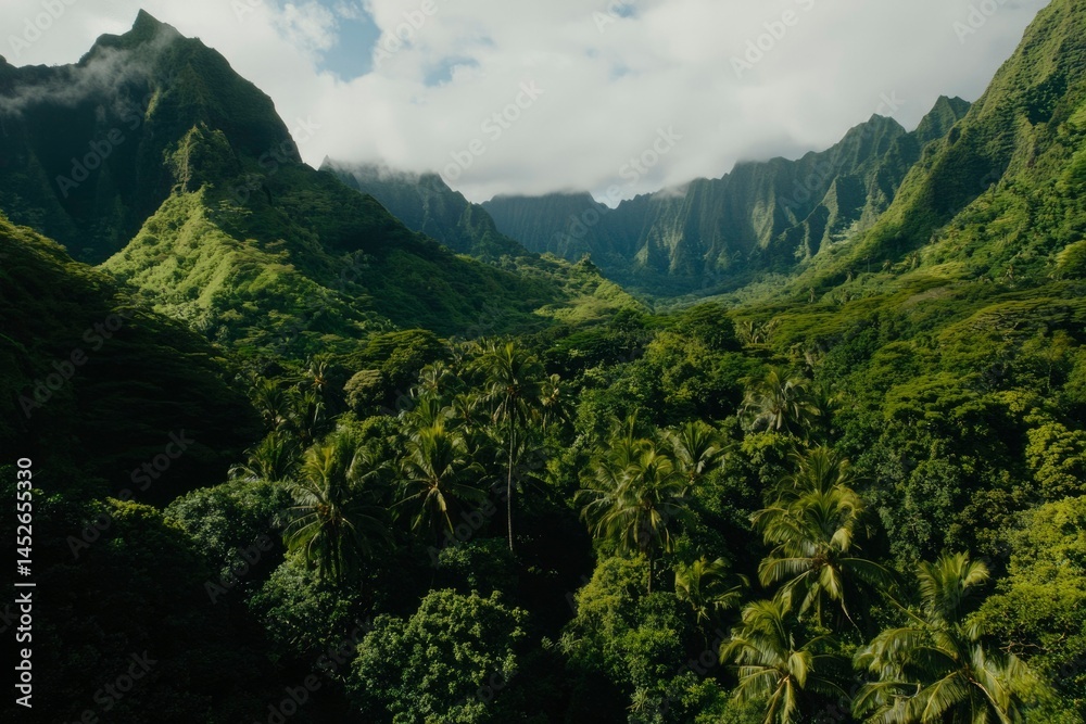 Fototapeta premium Lush green valley landscape with mountains, trees, foliage, and cloudy sky overhead