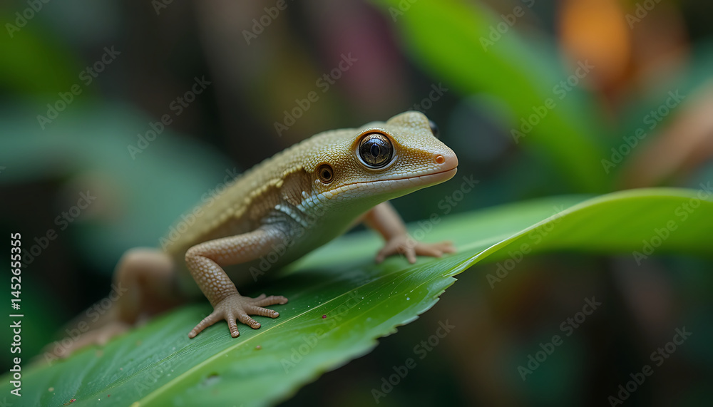 Obraz premium Lizard resting on a vibrant green leaf in a tropical rainforest during daylight