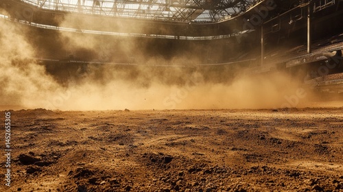 A stadium filled with dust and dirt captures the effect of dry weather. The sunlight filters through the structure, illuminating the dusty ground, creating a unique atmosphere