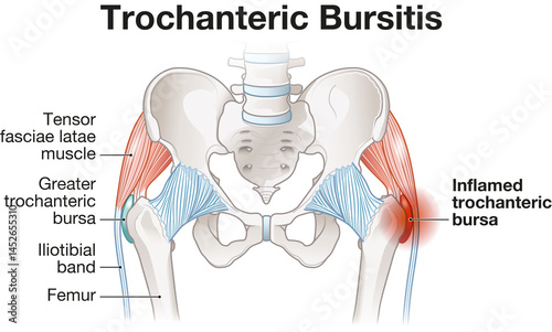 Trochanteric Bursitis. Hip Pain. Inflammation. Bursa. Labeled Illustration photo