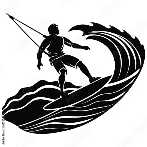 Silhouette Surfer Riding Wave with Kite in Black and White Vector Illustration