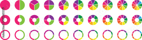 Circle pie chart diagram. 12,3,4,5,6,7,8,9,10,11,12 sections or steps. Colorful Pie chart set. Pie chart circle. Flat process cycle. Progress sectors. Vector illustration set