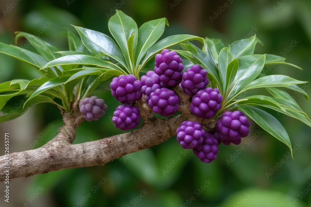 Purple Berries on Branch with Green Leaves Purple Berries on Branch with Green Leaves