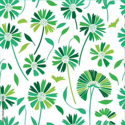 Whimsical floral garden seamless pattern in shades of green on a white backdrop