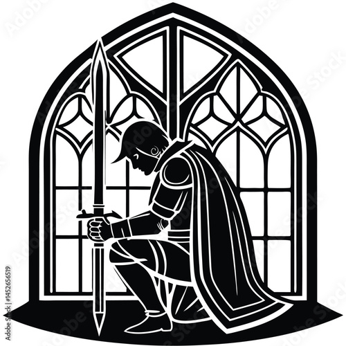 Knight Praying with Sword in Gothic Window Silhouette Vector Art
