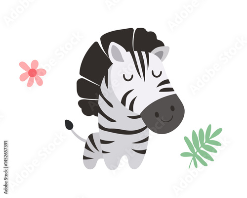 Flat vector illustration in children's style. Cute zebra on white background 