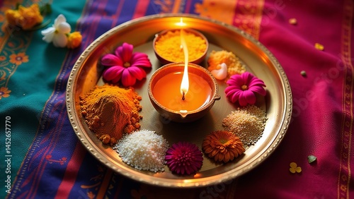 Puja thali with traditional items for Apara Ekadashi, Spiritual tools in vibrant arrangement, Symbolic elements of sacred offering, Rich textures and ceremonial grace photo